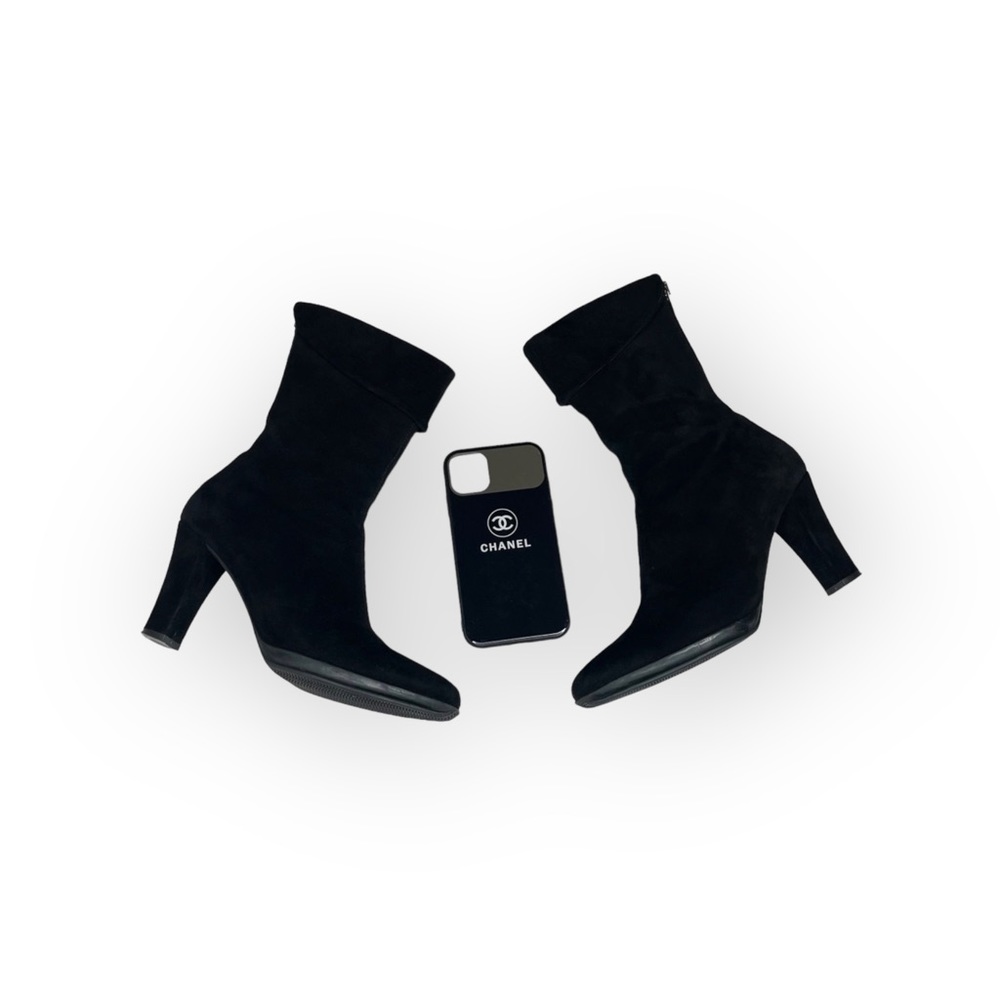 Aquatalia ⌘ Fold Over Suede Heeled Slouchy Boots ⌘ Back Zipper ⌘ Black 6.5M - Picture 2 of 16